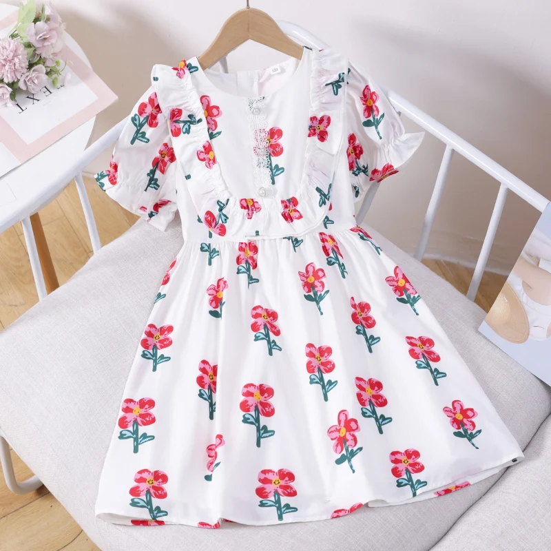 

Summer Kids Floral Dress for Girls Clothes Party Prom Outfits Princess Short Sleeve Children Teenagers Vestidos 6 8 10 12 Years
