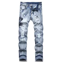 Men Snake Embroidery Jeans Holes Ripped Blue Stretch Denim Pants Slim Tapered Trousers 1