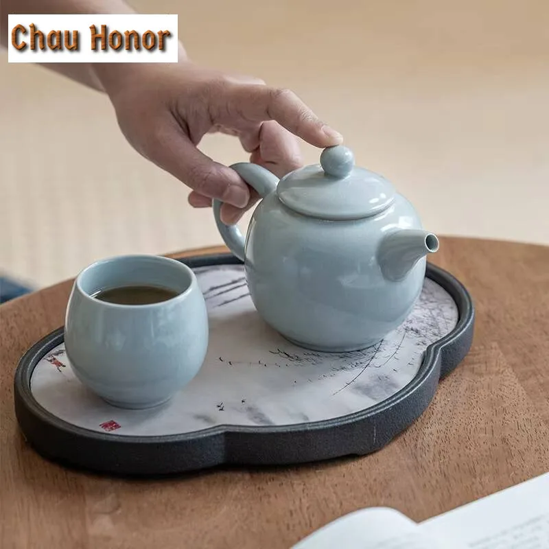 300ml Azure Ru Kiln Porcelain Teapot Antique Xishi Lifting Beam Pot Tea Brewing Kettle with Filter Tea Item Accessories Ornament