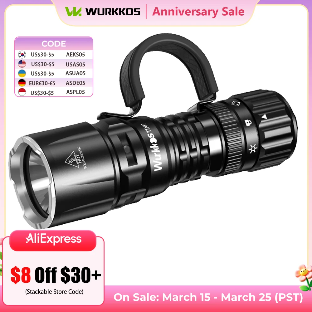 Tactical Flashlight Wurkkos TD07 18350 1300LM 479M Long Range Rechargeable Lamp IP68 Mini Torch Finger Ring Dual Switches