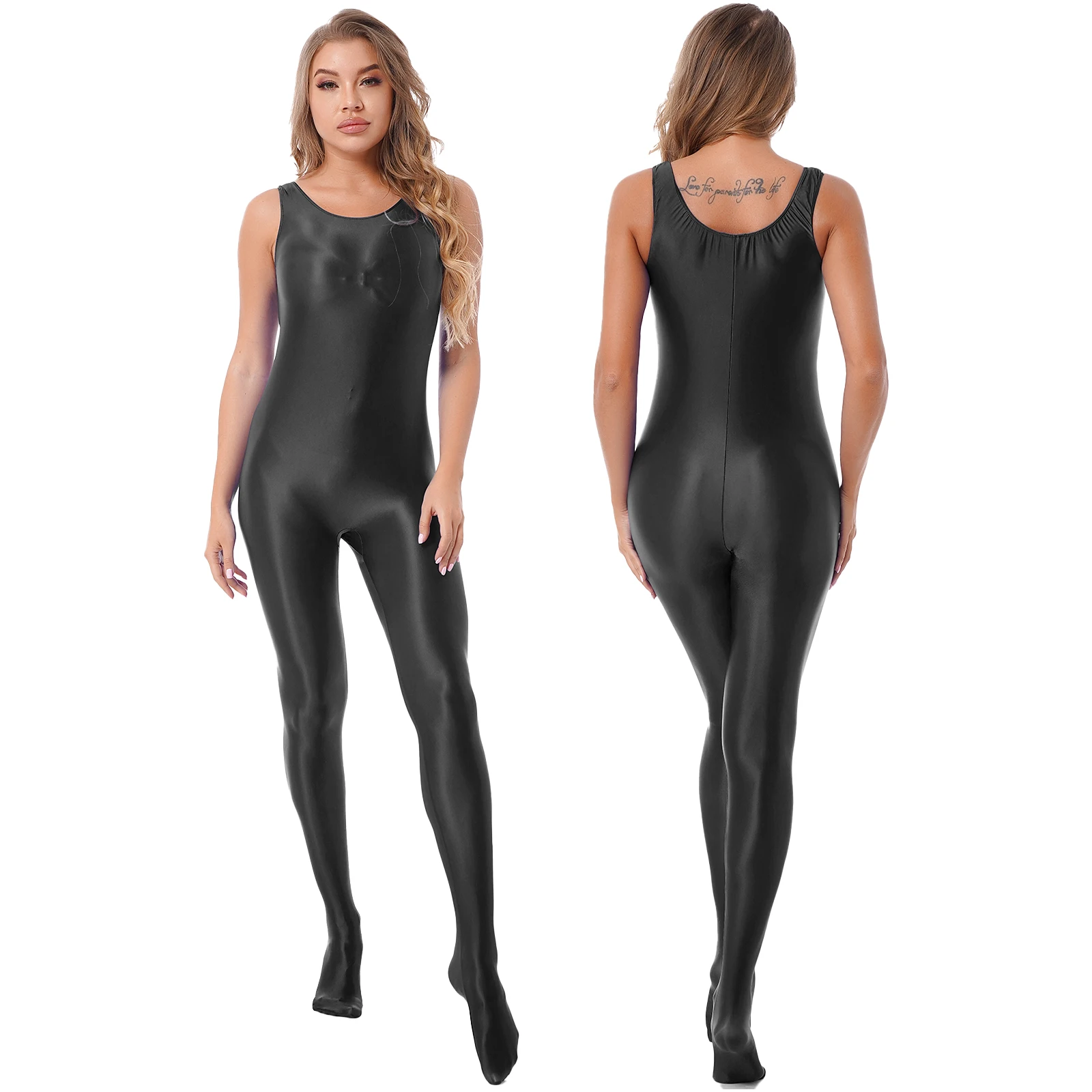 thumbnail image 1 of Lencería Sexy para mujer, Body ajustado de Color sólido brillante, mono con cuello simulado y cremallera trasera, traje de gato leotardo de baile, 1 of 5