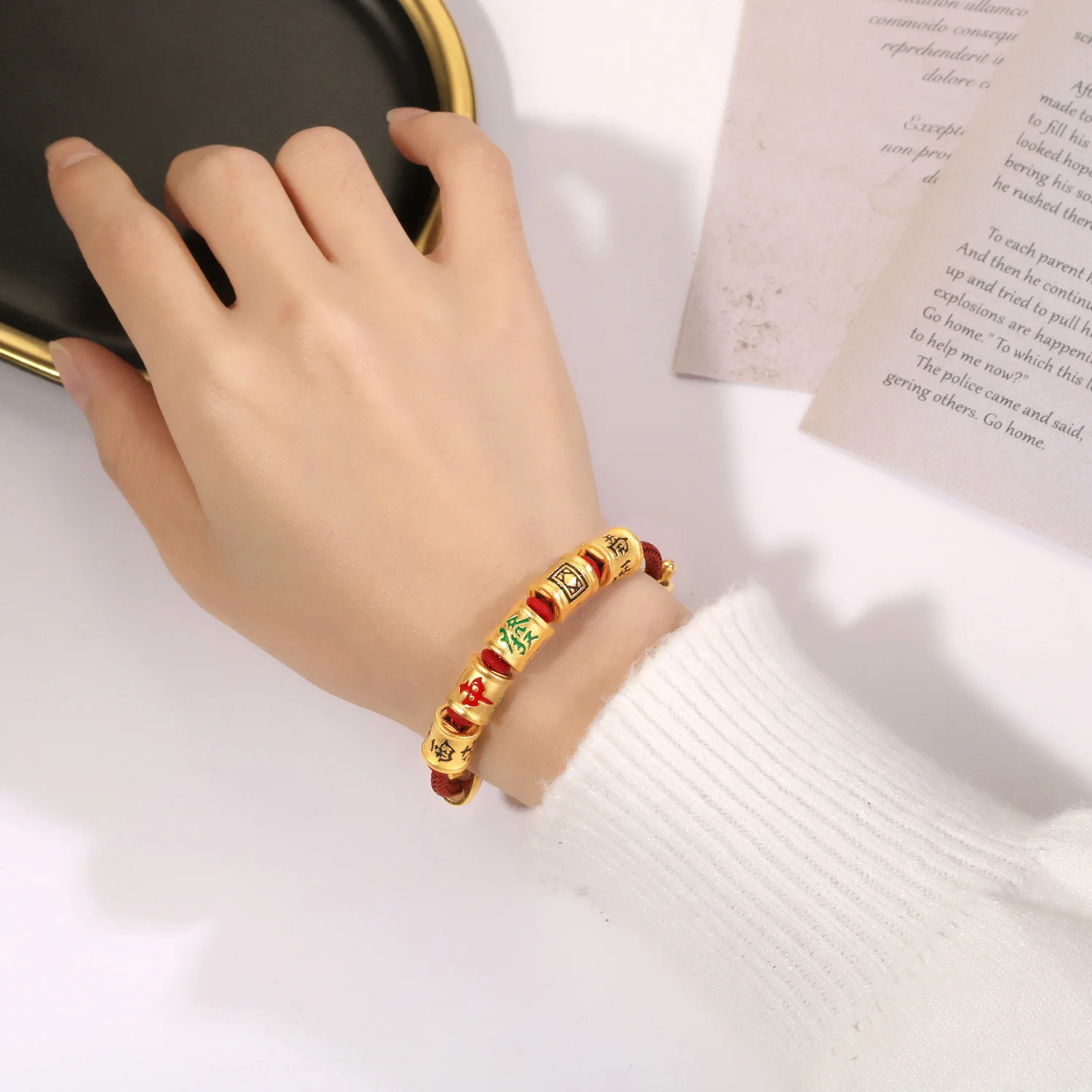 

Permanent No Falling Real 24K Gold Plated Luck Hand Rope HandString White Mahjong Red Rope Enamel Golden Color Bracelet 2024 New