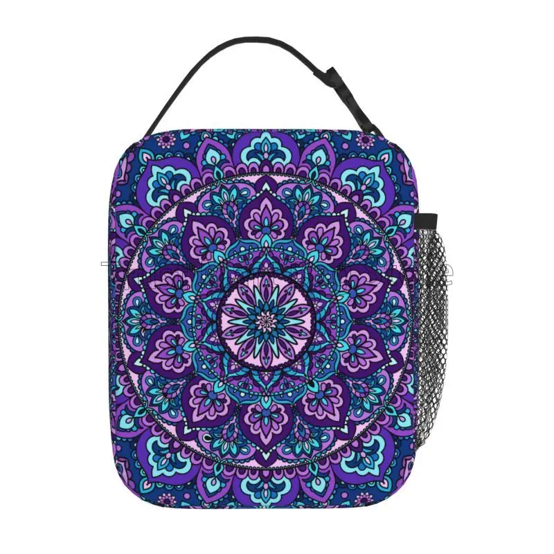 Boho Blue Mandala Retro Floral Insulated Lunch Bag Reusable Waterproof Lunch Box Thermal Cooler Tote Bag for Work Travel Picnic