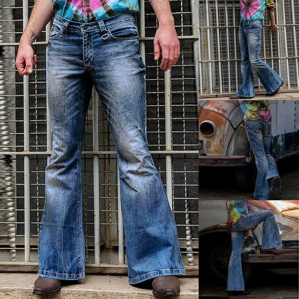 

Men Fashion Loose Denim Straight Trouser Distressed Jeans Long Flare Pants Suit Pants Korean Classic Cargo Pants Wild Legs 2024