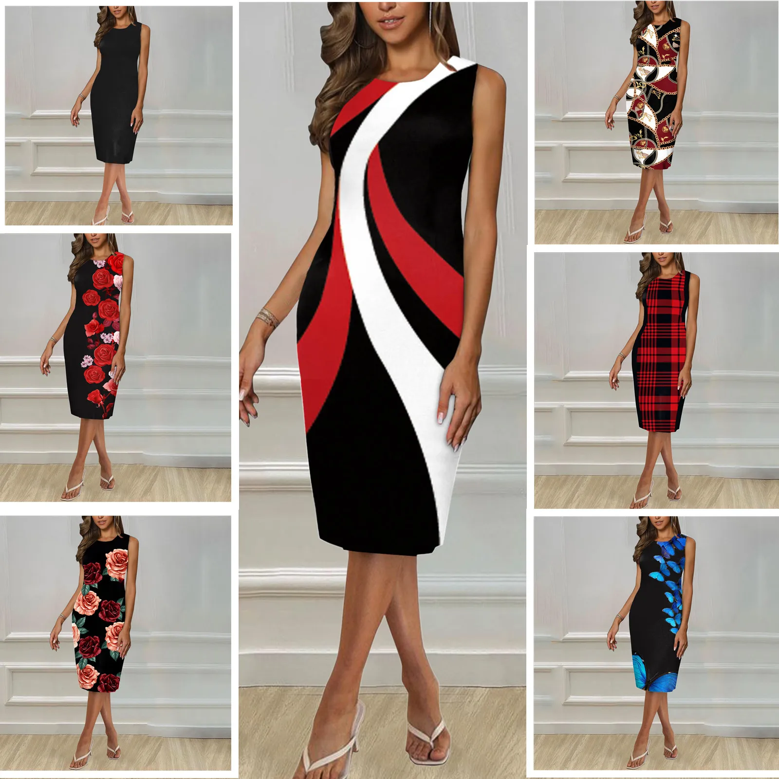 

Summer Striped Patchwork Vintage Bodycon Dresses For Women 2023 High Waist Casual Robe Vacation Midi Sleeveless Dress Female