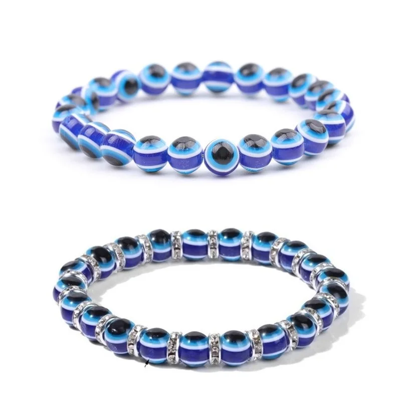 

12pcs 8mm Blue Evil Eye Bracelet Turkey Eyes Wish Handmade Women's Resins Bead Bangle Elastic Bracelets Jewelry