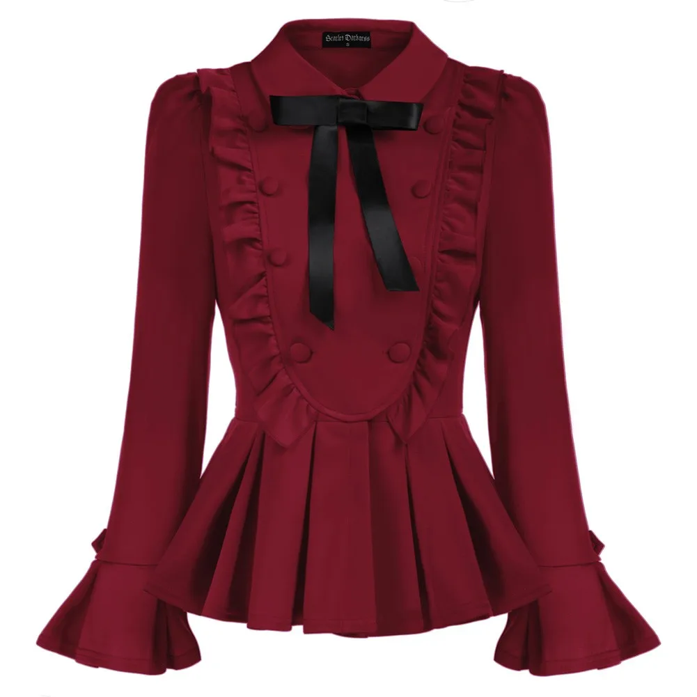 

Scarlet Darkness Tops Women's Victorian Long Puff Sleeve Shirt Lapel Collar Peplum Hem Blouse Solid Lapel collar bow Shirt A30