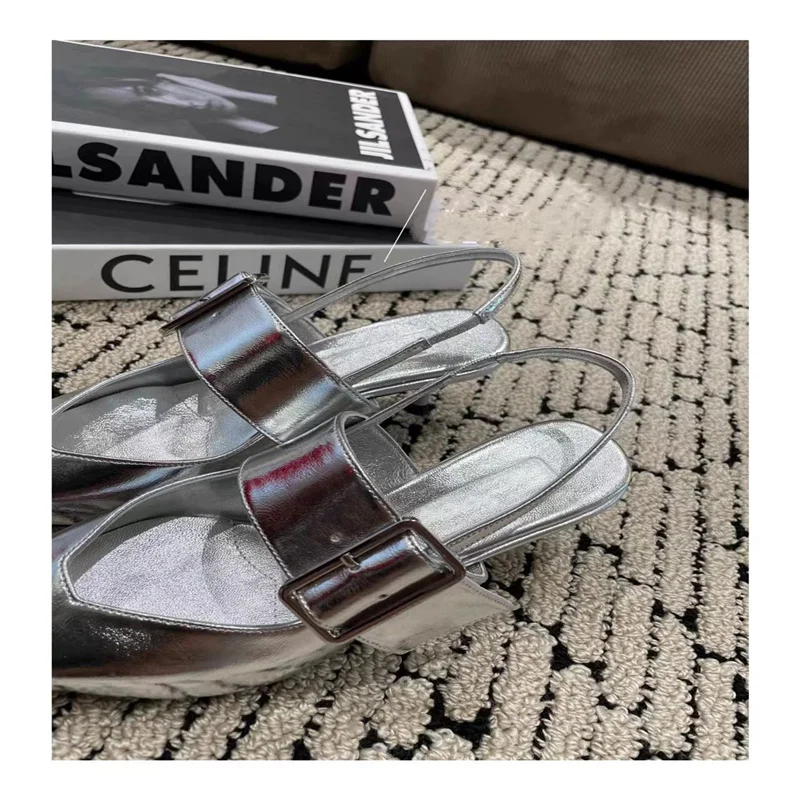 Spring and summer 2024 New Europe and the United States Metal Square Buckle lacquer hollow lady pointed high-heeled shoes