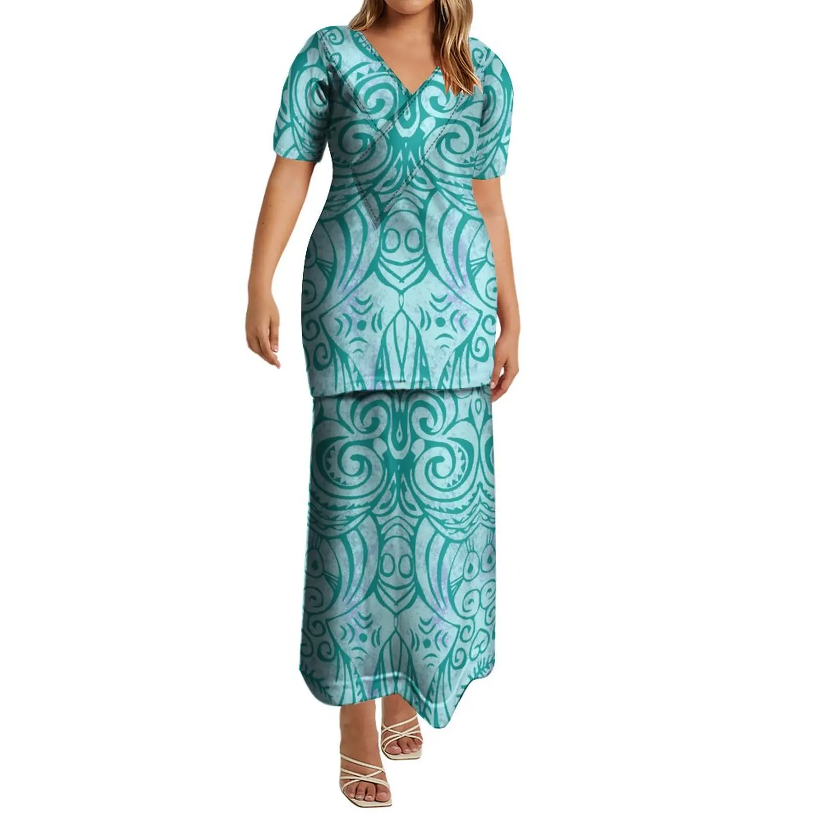 

Breathable Y-neck Dress Customized Art Polynesian Ethnic Style High Quality Fabric Elegant Long Dress Summer Short Sleeves