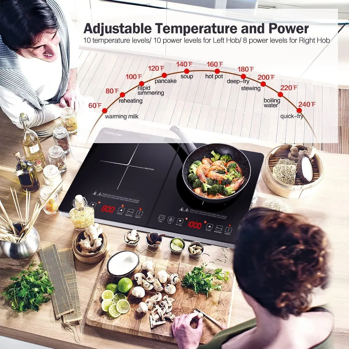 Induction Cooktop AMZCHEF Induction Cooker 2 Burners, Low Noise Electric Cooktops With 1800W Sensor Touch, 10 Temperature & Powe
