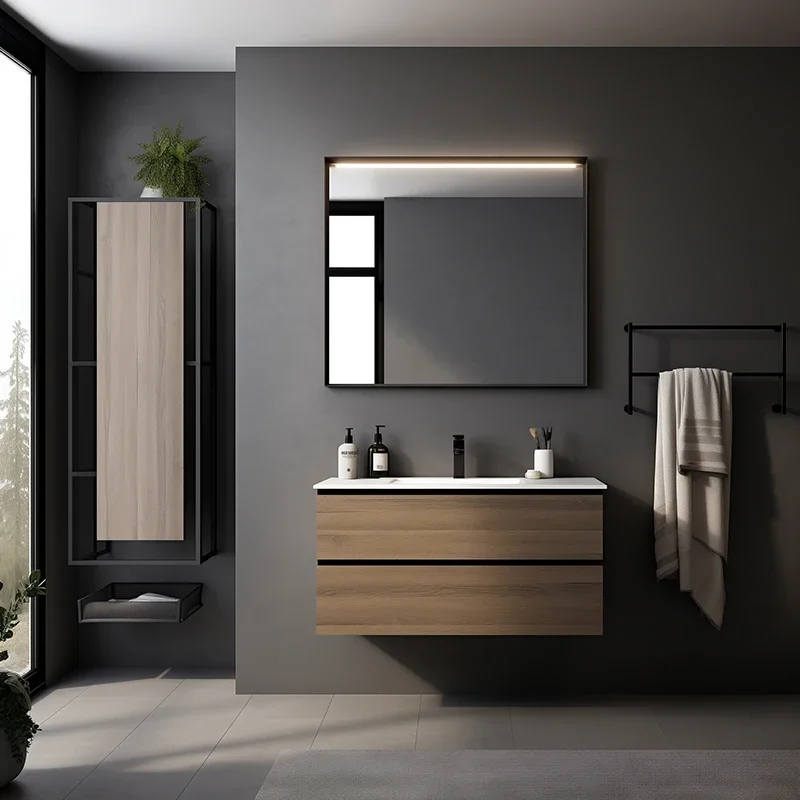 Modern Wall Mounted Plywood Bathroom Vanity Set Mirror Cabinets With Sink For Hotel And Apartment Bathroom Cabinet