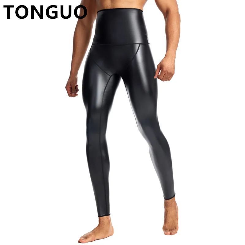 New Men Black High Waist Leather Pants Body Shaper Waist Trainer Shaper Control Panties Compression Underwear Fitness 9pts Pants