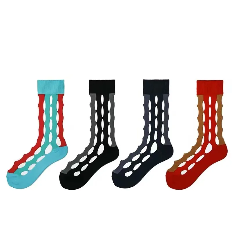 Sommer frauen Mid-rohr Chic Mode Aushöhlen Mesh Kontrast Farben Baumwolle Socken Straße Weiche Japanische Persönlichkeit Loch sox – Detail 7