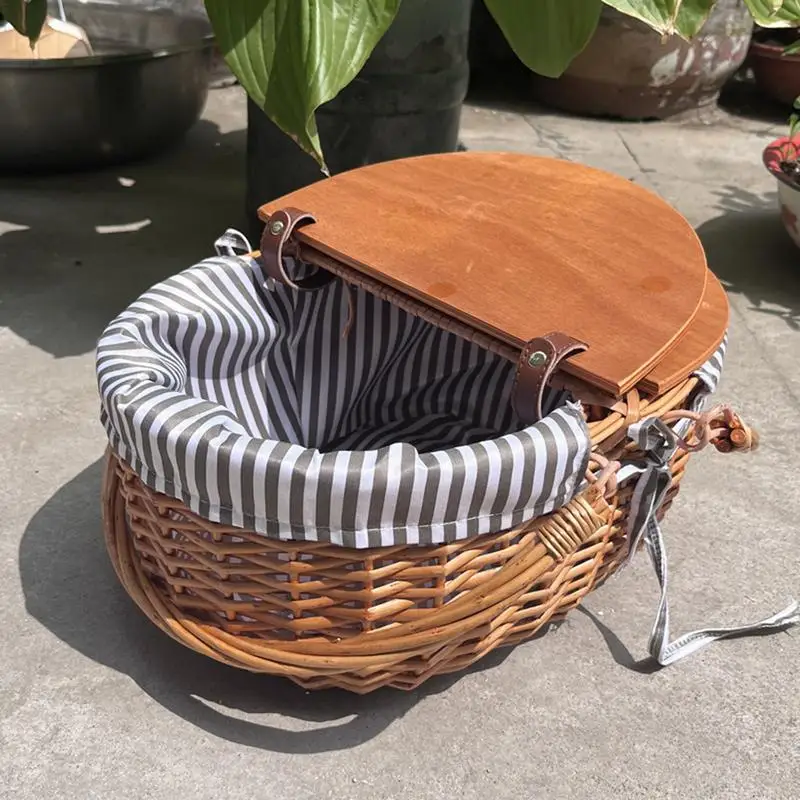 Woven Woodchip Basket Picnic Basket Vintage-Style Wicker Picnic Hamper With Folding  Woven Handle For Picnic Camping Outdoor - AliExpress