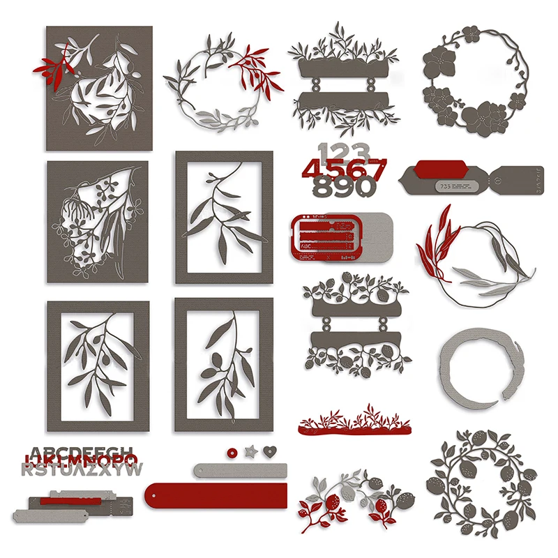 2025 Neuankömmling Zweigblatt Rechteck Hintergrund Metall-Stanzformen für Scrapbooking, Girlande, Zitrone, Alphabet, Schablone, Kartenherstellung