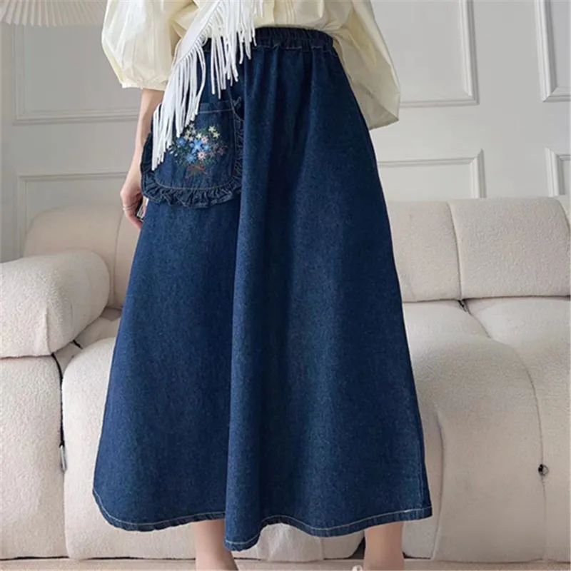 Vintage Embroidery Denim Long Skirts Women Summer High Waist Pocket A-Line Jeans Skirts Korean Fashion Casual Female Faldas Jupe shorts tie dye button pocket denim shorts in multicolor size s