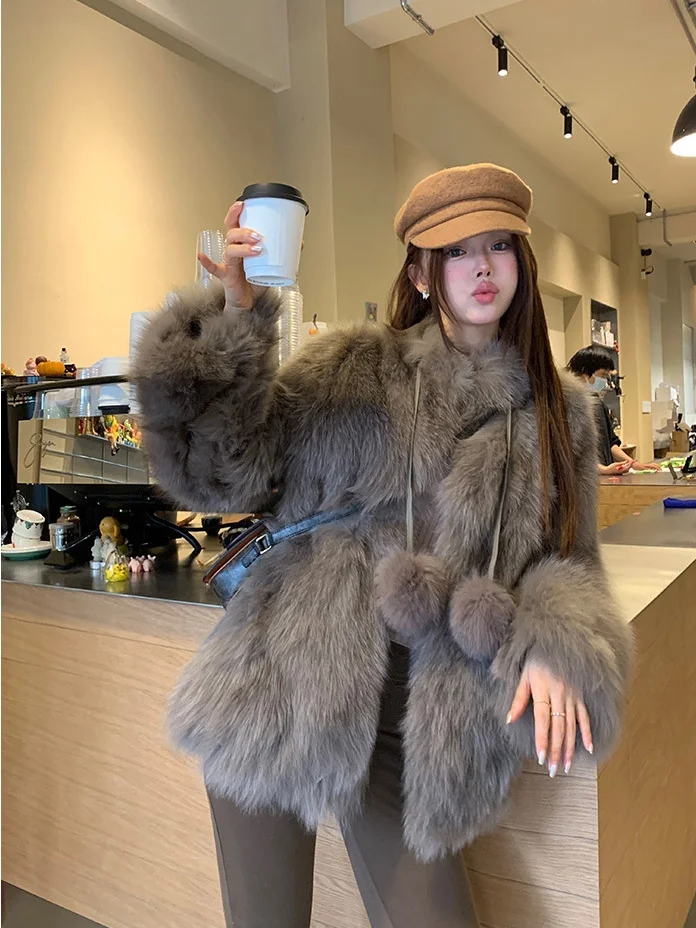 

Japanese Elegant Furry Plush Women Coat Stand Collar Solid Faux Fur Jacket Winter 2023 Fashion Thick Warm Cropped Lady Tops Q79