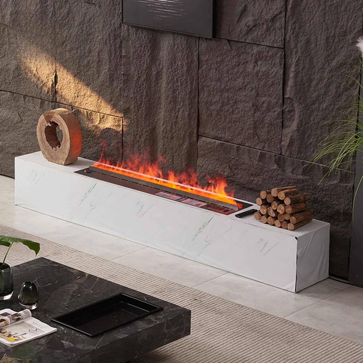 European Style Multi Color LED Simulation Carbon Flame Voice Activated Embedded 3D Fogging Electric Fireplace 4
