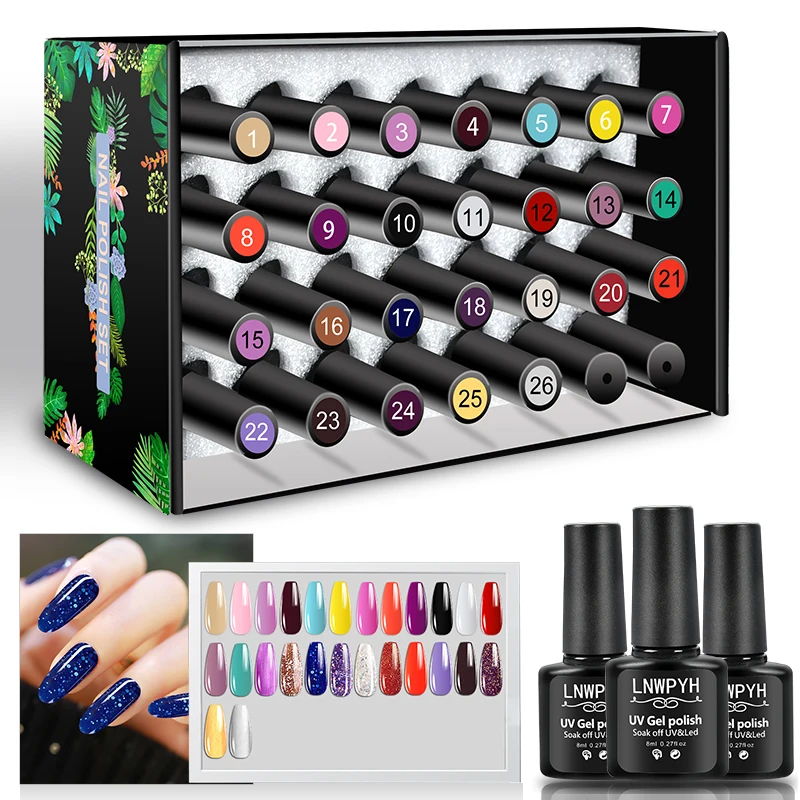 LNWPYH Gel Nail Polish Set Nail Gel Kit 26 Color Semi Permanent UV Led Gel Varnish Soak Off Nail Lacquers Base Coat Top Coat Kit 2