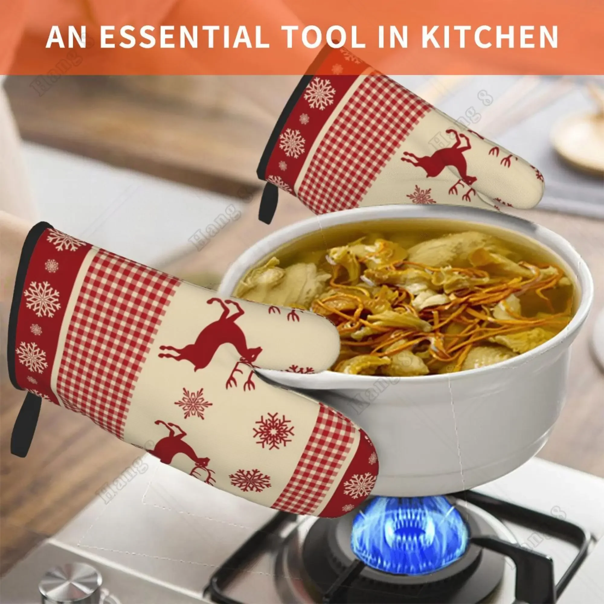 2pc Christmas Reindeer Snowflakes Tartan Oven Gloves For Men Women Cooking Bbq Heat Resistant Print Gift One Size Kitchen Gloves kitchen gloves