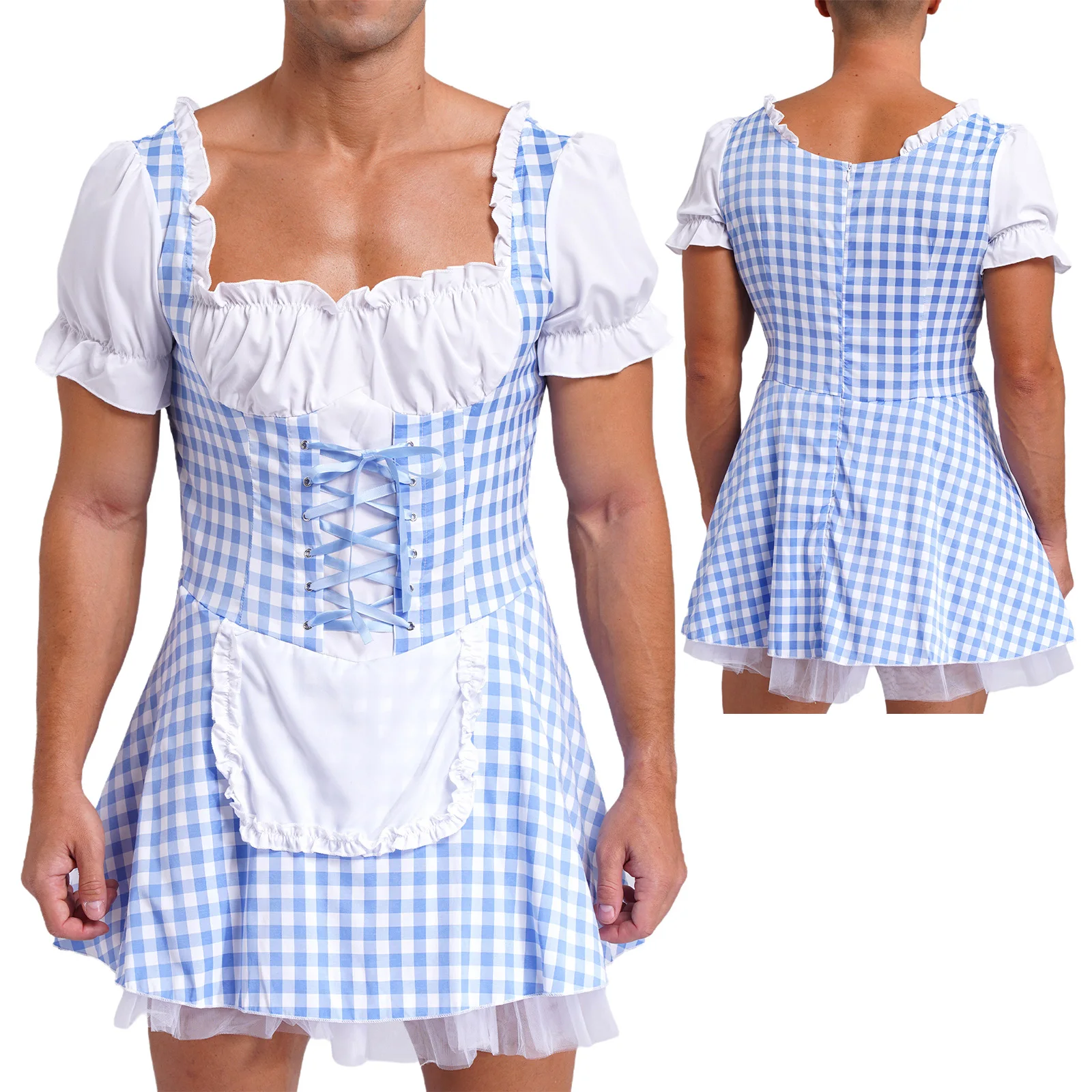 Mens Halloween Miss Muffet Maid Dress Front Lace-Up Ruffle Apron Plaid Sissy Cosplay Dress Drag Queen Crossdressing Costume