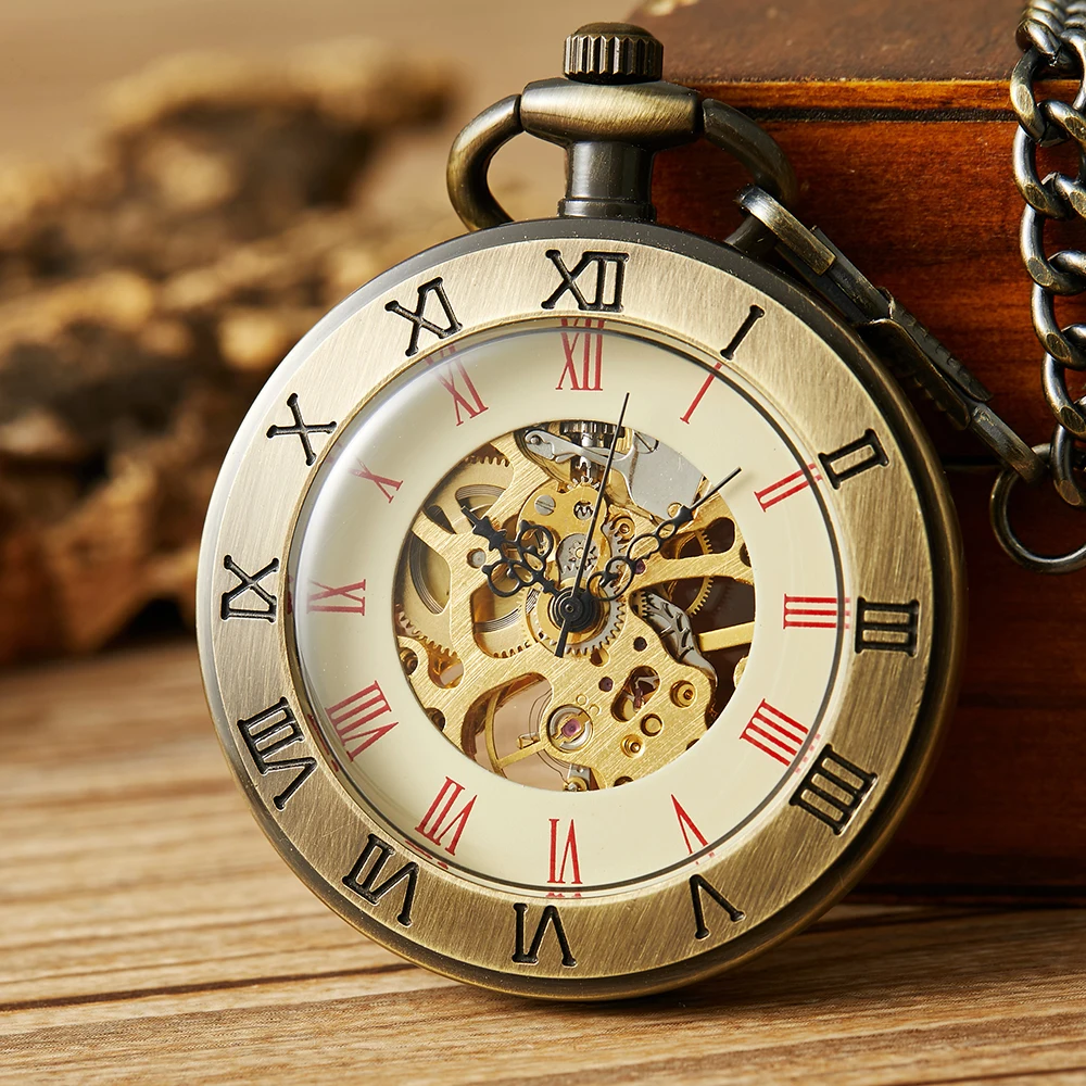 メンズヴィンテージメカニカル腕時計シンプルなローマンダイヤルスケルトンスチームパンクアンティーク時計メンズボックス