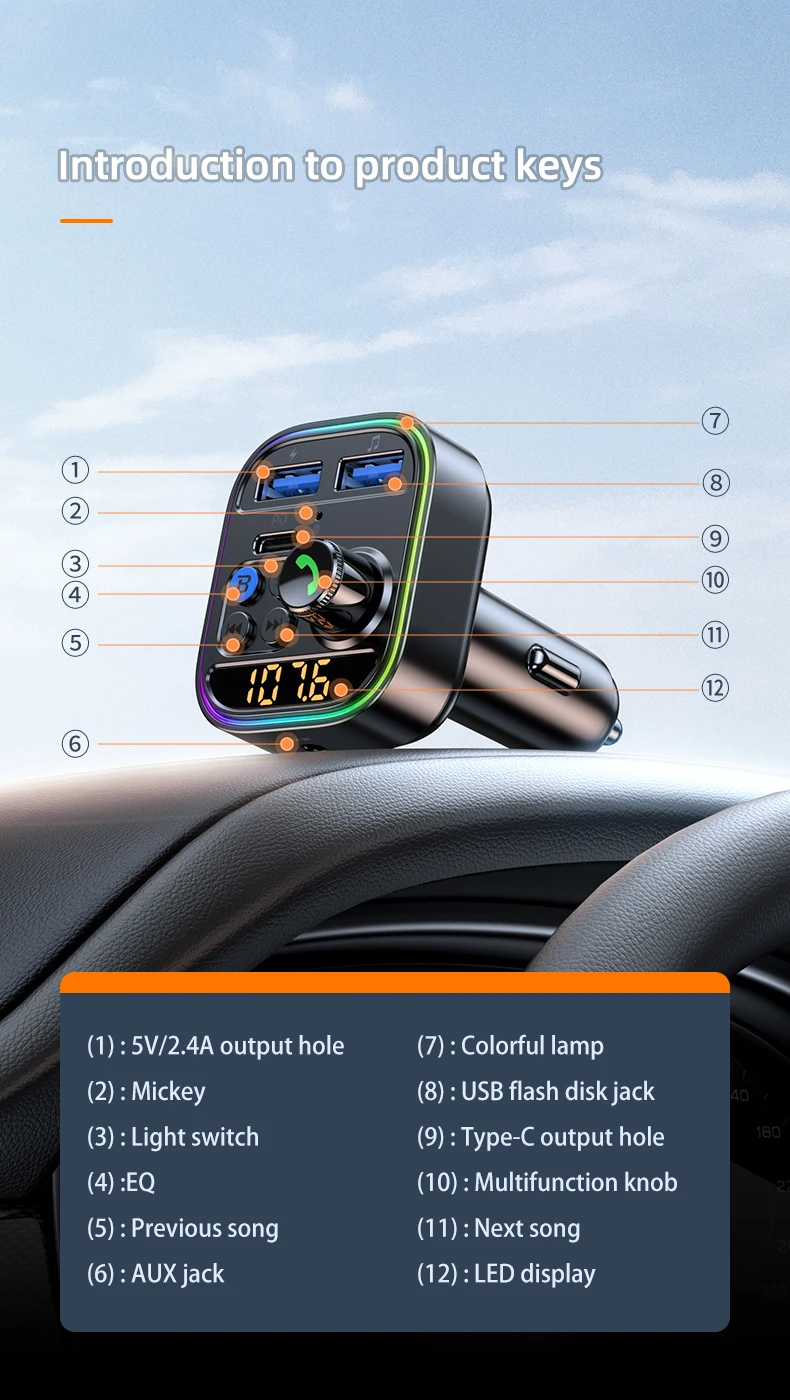 Bluetooth 5.3 FM Transmitter Wireless Bluetooth Car Adapter AUX Radio Receiver M
