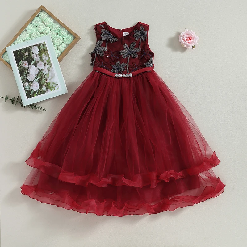 

4-10Y Kids Baby Girls Sleeveless Ball Dress Coconut Tree Rhinestone Pattern Round Neck Tulle Patchwork Long Pageant Dresses