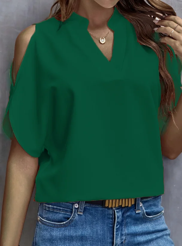 Elegant V-Neck Women's Short-Sleeve Shirt - Solid Color, Notched Collar, Loose European & American Style Versatile Top 5