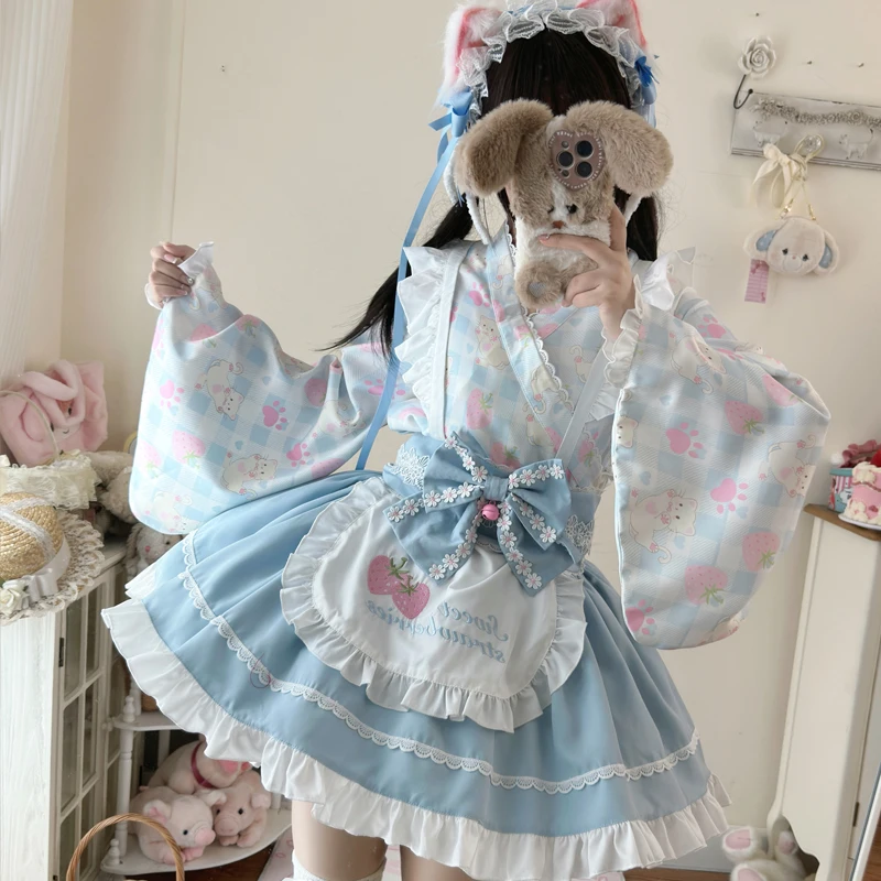 Japanese Sweet Lolita Bow Apron Maid Kimono Dress Women Girl
