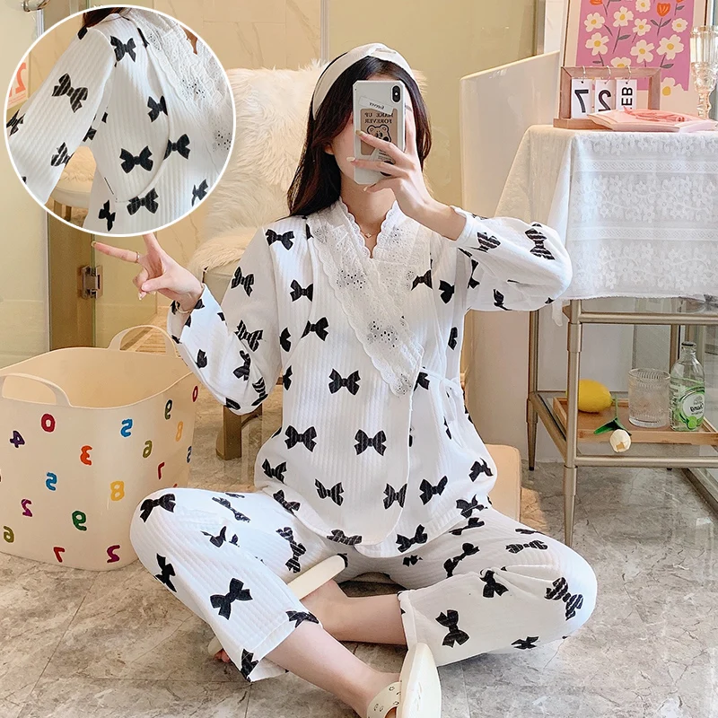 Spring Pregnant Woman Lactation Pajamas Set Fashion Maternity Nursing Clothes Sets Lace Patchwork Breastfeeding Tops+Pants Thin lace maternity clothes nursing blouse shirt spring autumn casual pregnant women breastfeeding blouse shirt pregnancy clothing