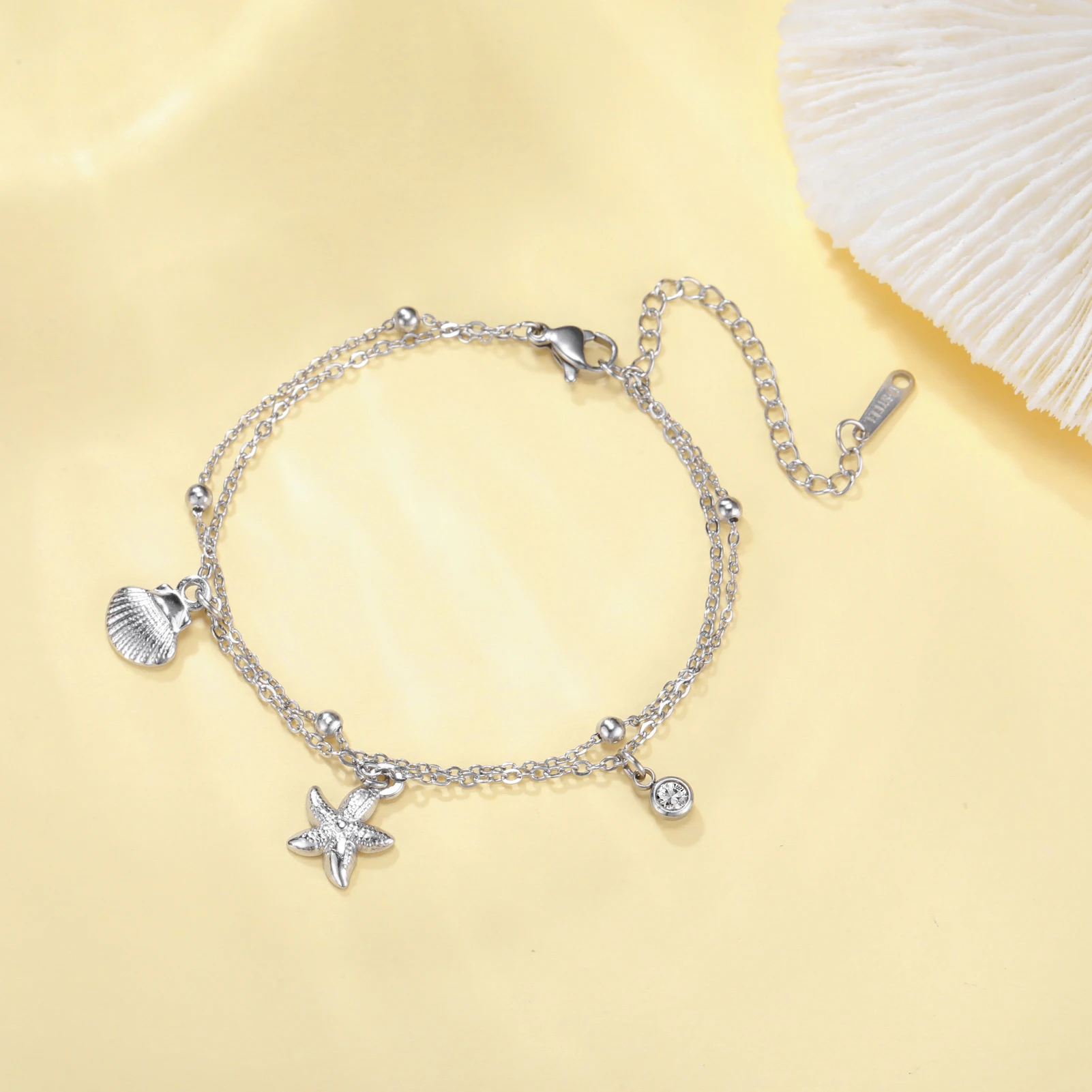 COOLTIME Starfish Shell Charm Anklet Women Stainless Steel Double Layer Chain Bracelets Beach Jewelry Accessories Gift
