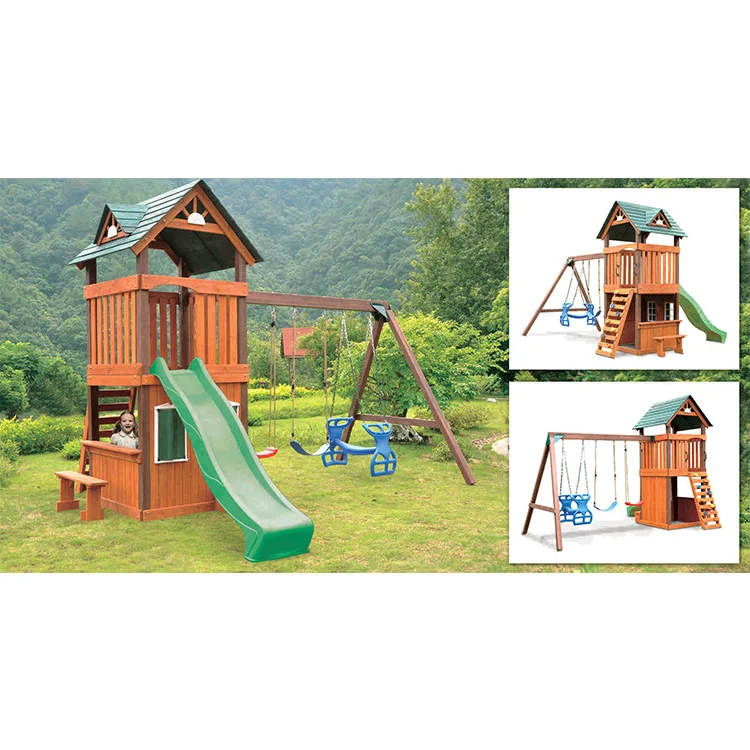 Set da Gioco per Bambini, Casette di Lusso in Legno di Abete Massiccio con Scivolo - immagine 3