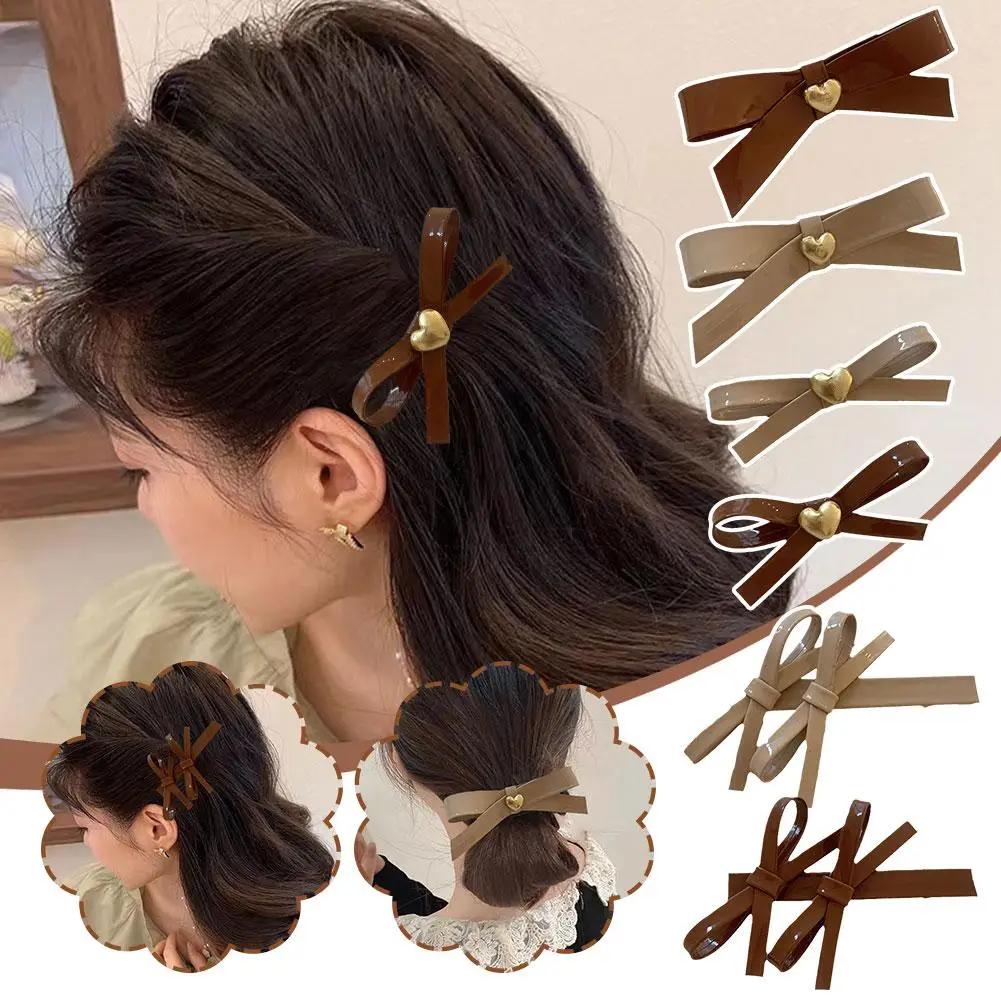 

Double Bow Maillard's Sense Of Sophistication Leather Hairpin Autumn New Heart Metal Accessories Hair Winter Side Bangs And Y1K0