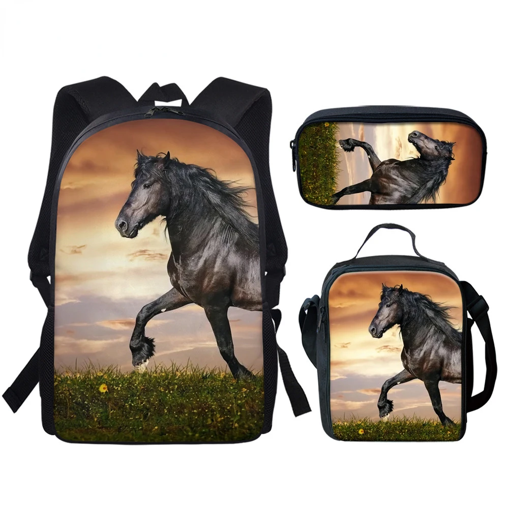 Classic Creative Funny Black White Horse 3D Print 3pcs/Set pupil School Bags Laptop Daypack Backpack Lunch bag Pencil Case