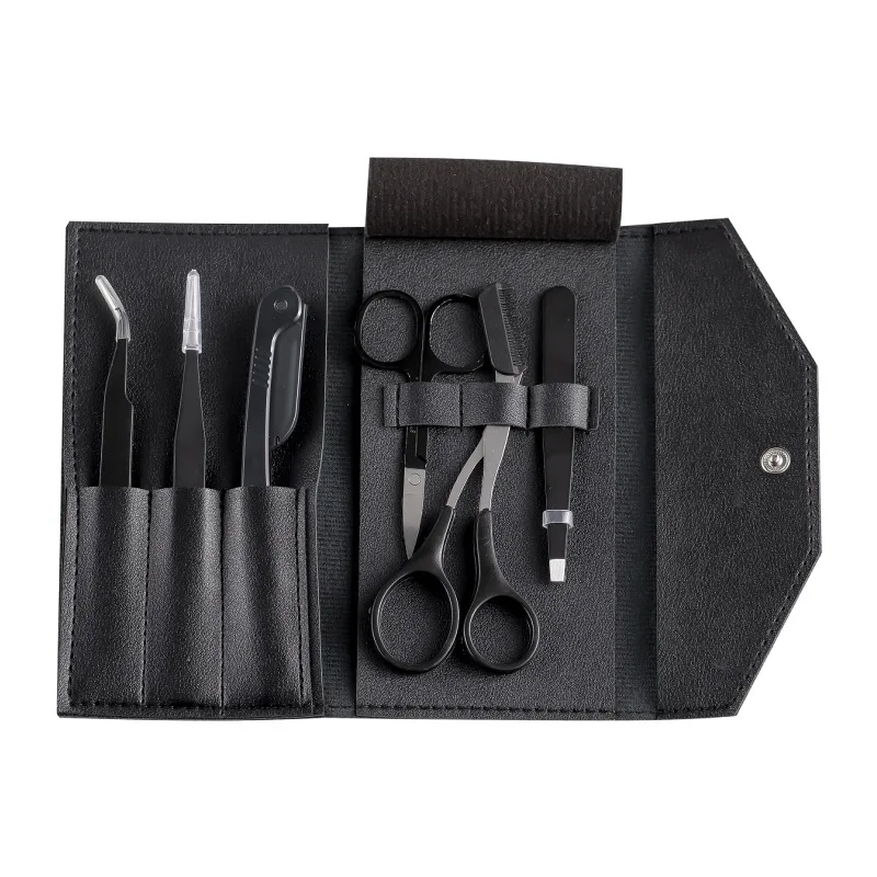 Eyebrow trimming set including eyebrow scissors, eyebrow trimmer, tweezers, false eyelash applicator, and a storage pouch eyebrow trimmer set