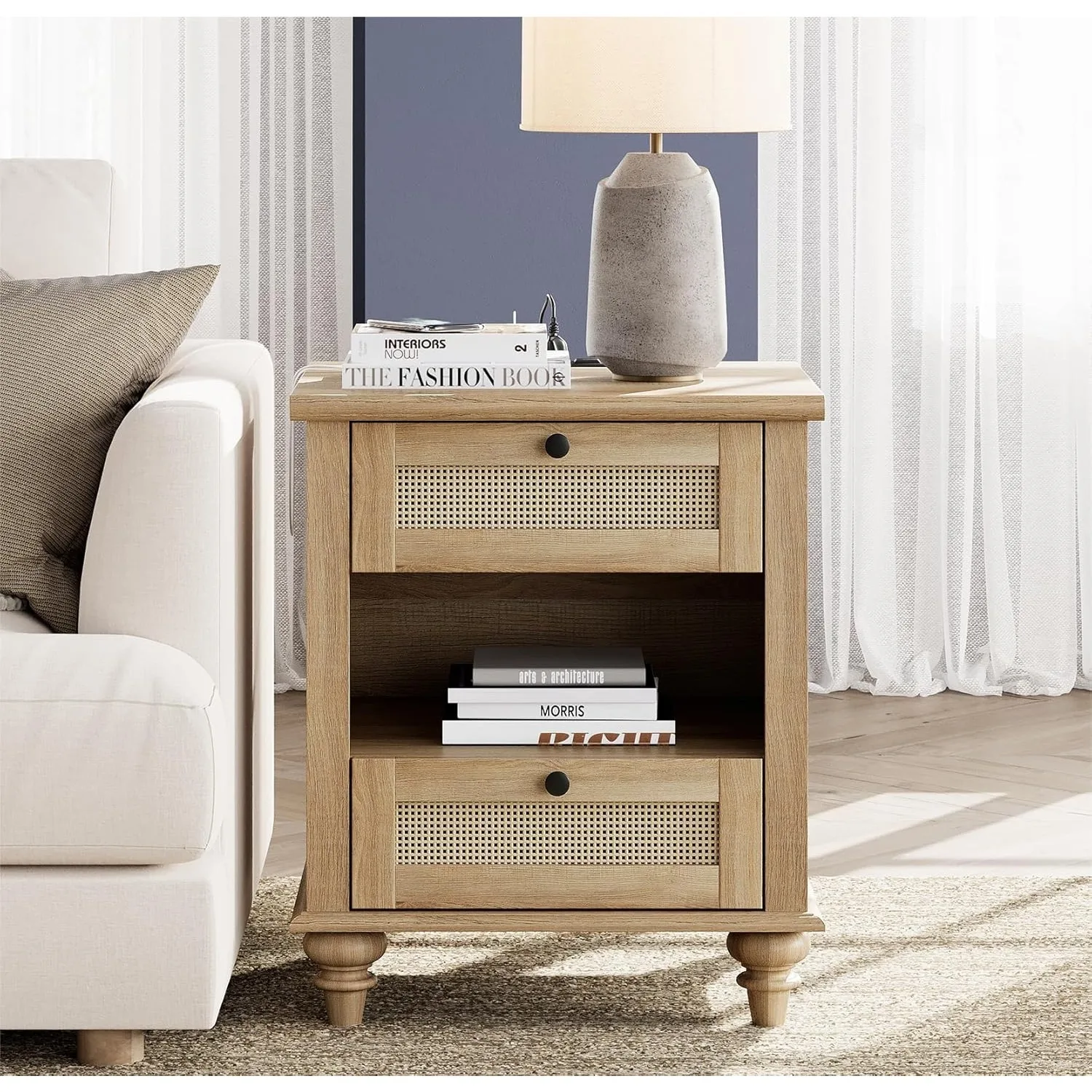 White side table with 2 drawers and charging station, medieval bedroom nightstand with power outlet and USB port