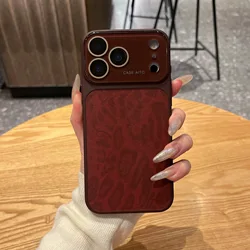 Luxury Leopard Print Leather Texture Matte Shockproof Phone Case - iPhone 15 (Wine)