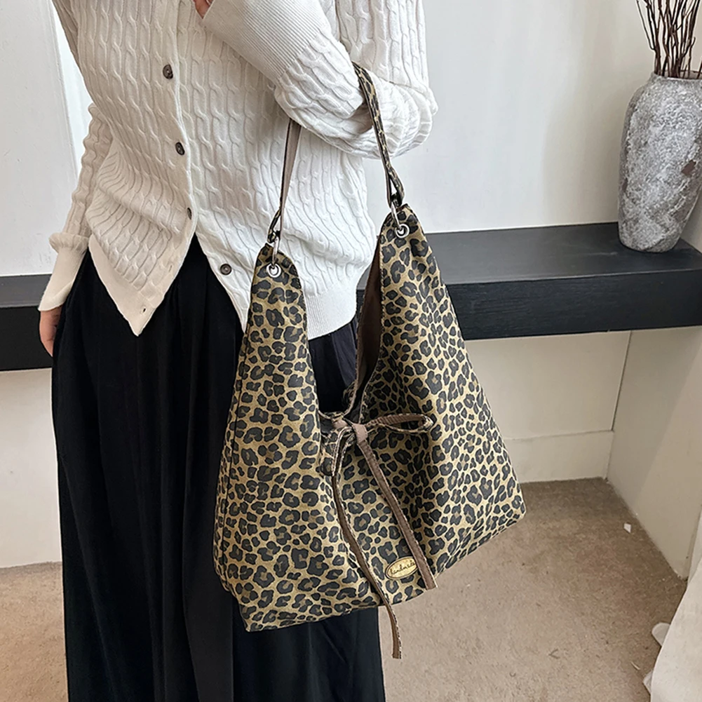 Leopard Print Shoulder Bag for Women Hobo Bags Slouchy Tote Bag Canvas Bow Retro Handbag Purse Work Commuter Shopping Travel Bag
