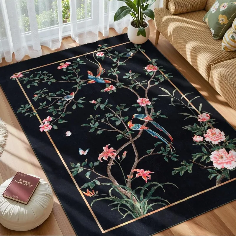 Chinese Living Room Carpet Bird Pattern Luxury Art Bedroom Plush Rug Foldable Machine Washable Non-slip Sofa Coffee Table Mat 러그