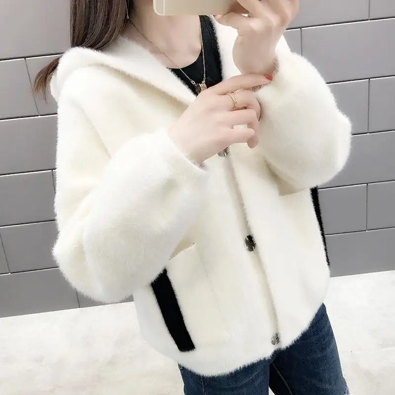 Autumn Winter Women's Hooded Solid Color Button Long Sleeved Letter Epaulet Flocked Cardigan Coats Casual Loose Office Lady Tops