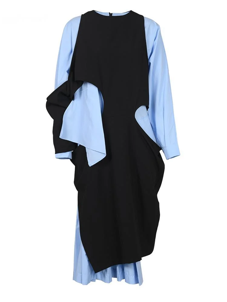 

Women Blue Color-block Big Size Long Dress New Round Neck Long Sleeve Loose Fit Fashion Tide Spring Autumn O189