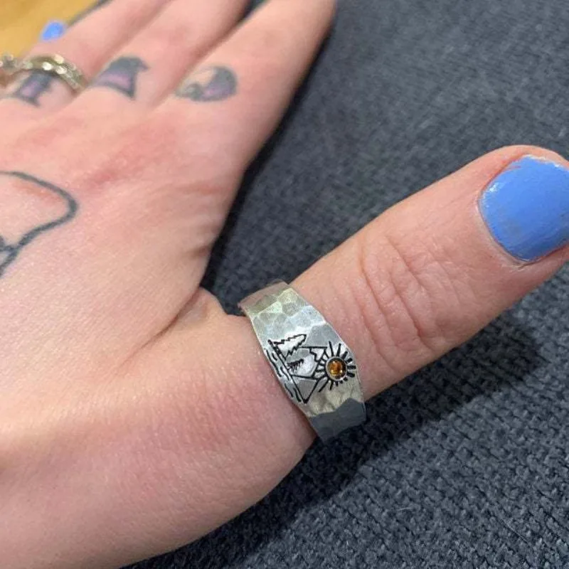 Vintage Nature Landscape Carved Ring for Women Men Adjustable Couple