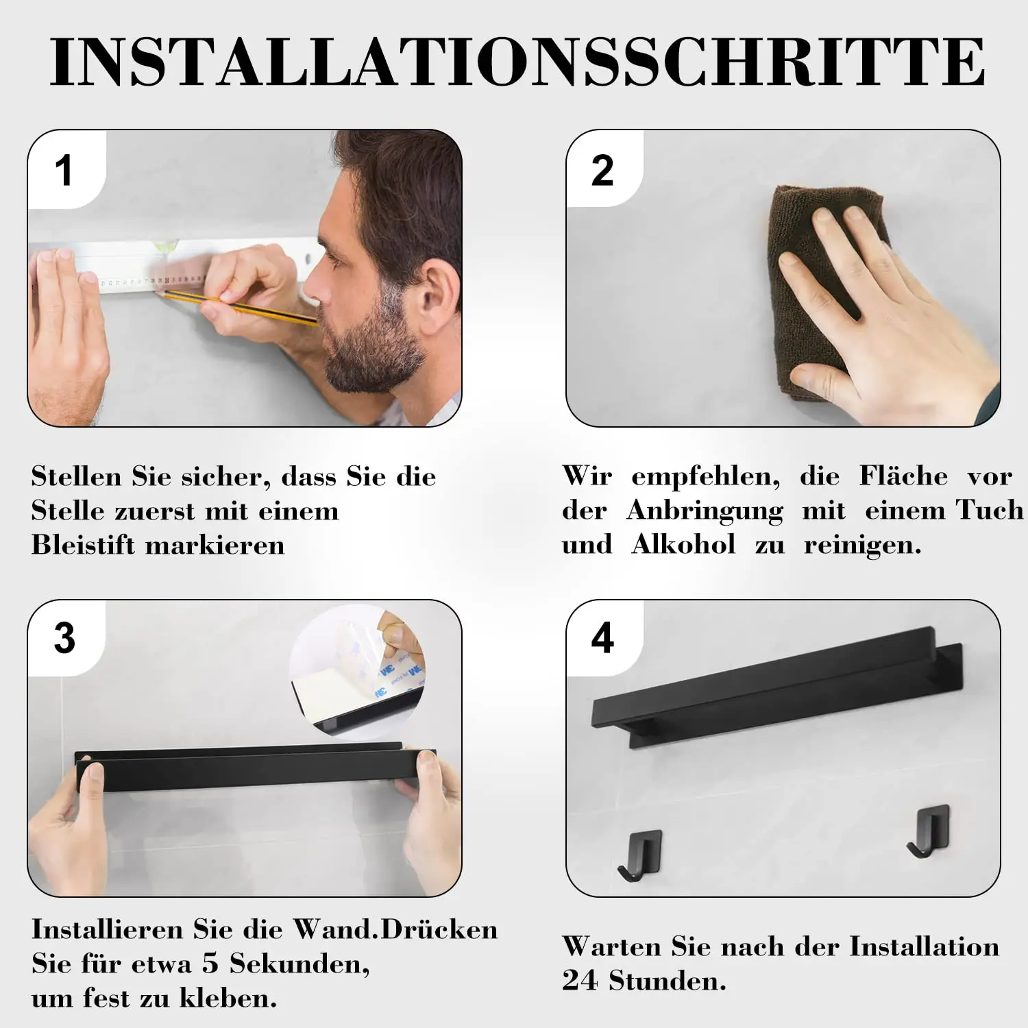 Towel Holder No Drilling Required Black Towel Holder Bathroom Guest Wall Matt Stainless Steel Bath