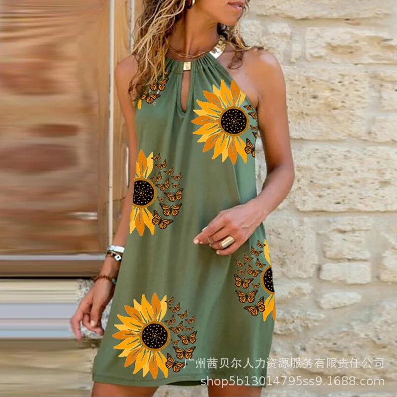 

2023 New Summer Hanging Neck Sleeveless Slim Fit Dress Printed Women's Dress