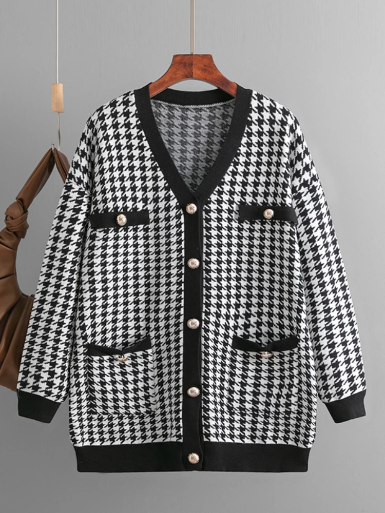 

Women Cardigan Sweaters 2023 Korean Fashion Autumn Winter Elegant Houndstooth Pocket V-Neck Knitted Sweater Oversized Cardigan