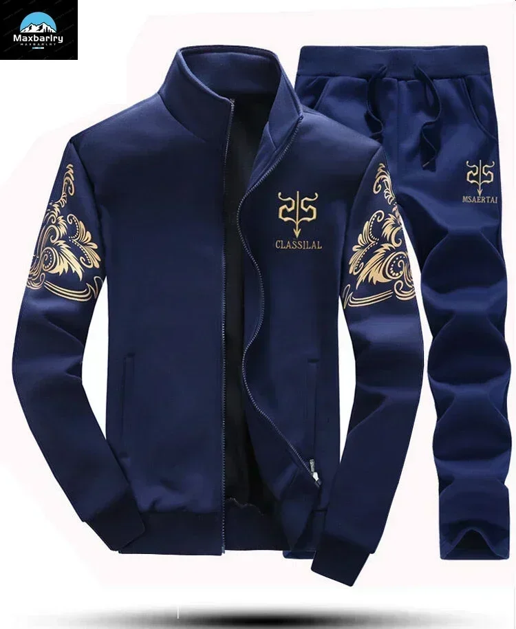 Winter Men's Sports Suit with Fleece and Warm Standing Collar Jacket+men's Drawstring Sports Pants Fashionable Printed Men's Set 4