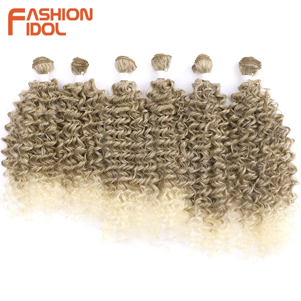 FASHION IDOL Deep Wave Hair Weave Ombre Brown Color Synthetic Hair Extensions 6pcs 22 24 26 inch Afro Kinky Curly Hair Bundles 2