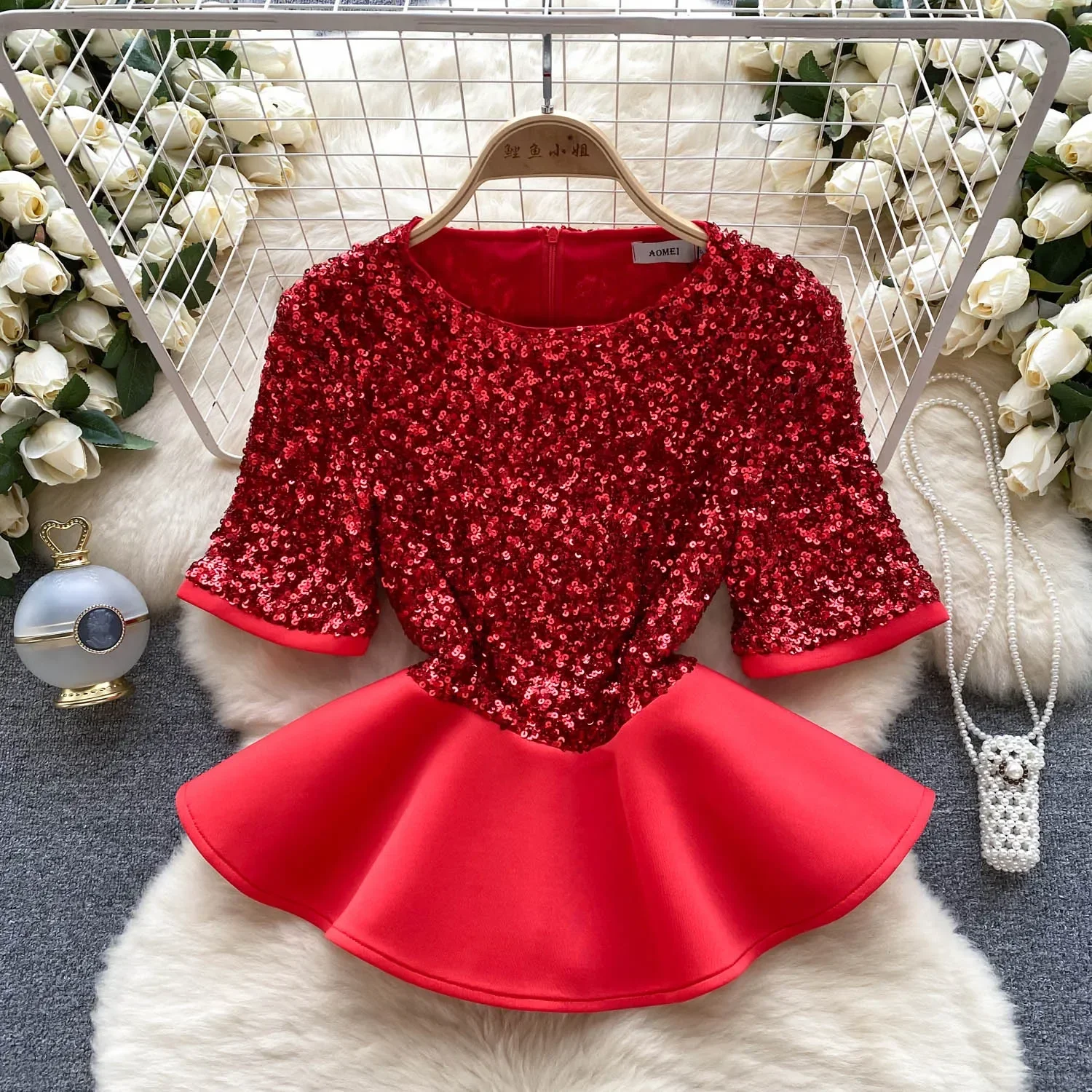 

Women Chic Sequin Patchwork Short Sleeve Top Slim Sexy Korean T-shirt Fashion O-neck Autumn Women Crop Top