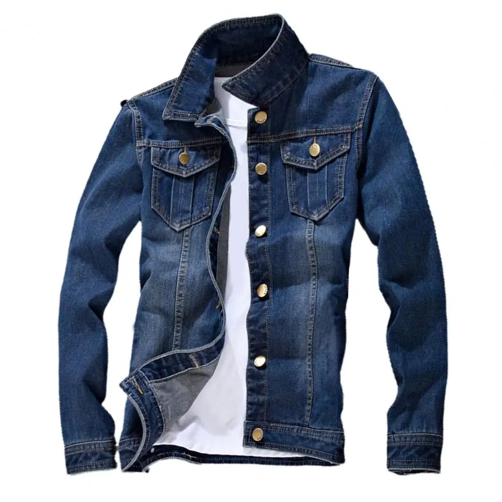 Stylish Male Denim Coat Retro Men Denim Jacket Long Sleeve Pure Color Slim Fit Jeans Jacket  Streetwear